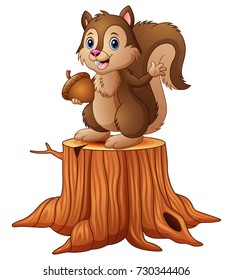 Vector illustration of Cartoon squirrel standing on tree stump holding an acorn