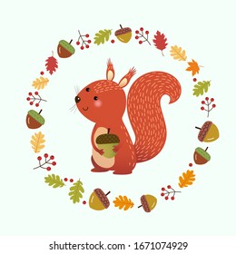 Ilustración vectorial ardilla con flores hechas de hojas y bayas de otoño. Fondo del otoño de Adiós.