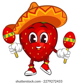 vector illustration of cartoon srawberry wearing sombrero and playing maracas 