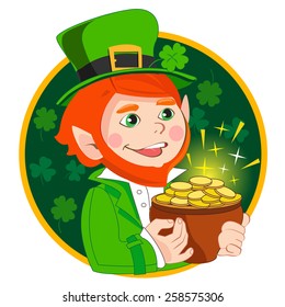 Vector illustration of a cartoon St. Patrick's Day. Little Leprechaun Character holder  a pot of gold. 