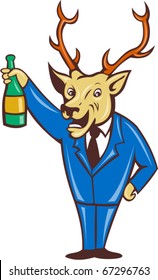 Vector Illustration Of A Cartoon Stag Deer Holding Champagne Wine Bottle In Business Suit On Isolated Background