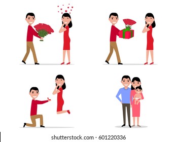 Vector illustration of a cartoon stage set creating a happy family. Husband wife and baby together. Man offers a woman to marry. Boyfriend is taking care of his girlfriend. Flat style.