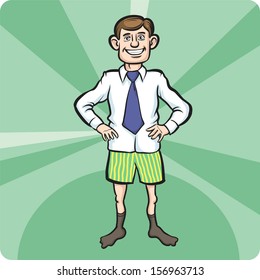 Vector Illustration Of Cartoon Standing Businessman In Boxer Shorts. Easy-edit Layered Vector EPS10 File Scalable To Any Size Without Quality Loss. High Resolution Raster JPG File Is Included.