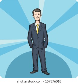 Vector illustration of cartoon standing businessman. Easy-edit layered vector EPS10 file scalable to any size without quality loss. High resolution raster JPG file is included.