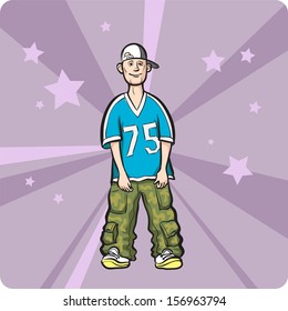 Vector illustration of Cartoon standing hip-hop style young man. Easy-edit layered vector EPS10 file scalable to any size without quality loss. High resolution raster JPG file is included.