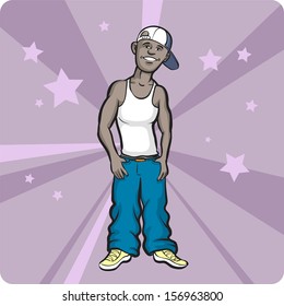 Vector illustration of cartoon standing hip-hop style dude. Easy-edit layered vector EPS10 file scalable to any size without quality loss. High resolution raster JPG file is included.