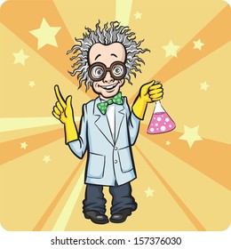 Vector illustration of Cartoon standing mad scientist. Easy-edit layered vector EPS10 file scalable to any size without quality loss. High resolution raster JPG file is included.