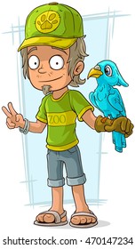 A vector illustration of cartoon standing zoo worker in green cap