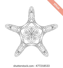 Vector illustration cartoon starfish with doodle ornament. Design for coloring book page. Decorative element