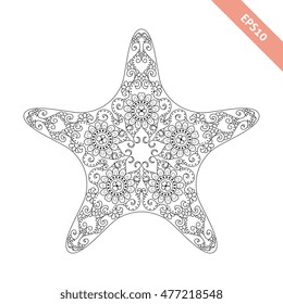 Vector illustration cartoon starfish with doodle ornament. Design for coloring book page. Decorative element