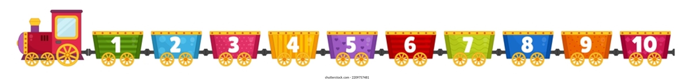 Vector illustration of a cartoon steam locomotive carries multi-colored wagons with numbers.
