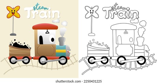 Vector illustration of cartoon steam train with railway sign. Coloring book or page for kids 