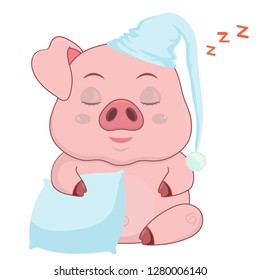 Vector illustration, cartoon, sticker, postcard, pig sleeps in a night cap with a pillow. Emotions element design on white background-vector.