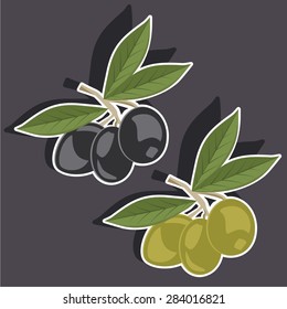 Vector illustration of a cartoon stickers of green and black olive branches