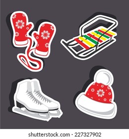 Vector illustration of a cartoon stickers set of isolated winter accessories