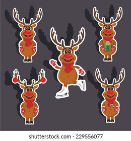 Vector illustration of a cartoon stickers set of isolated christmas object - Santa's deer's
