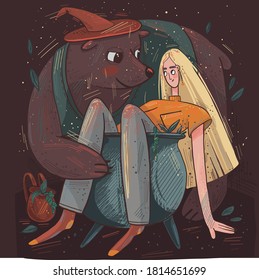 vector illustration of a cartoon story of a magic bear and a cute girl. The bear and the witch. Brews a potion in the cauldron. Illustration for fairy tales or magic products