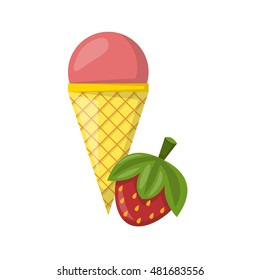 Vector illustration with cartoon strawberry ice cream ball in cone. Cartoon ice cream flavour. Summer sweet dessert. Vector cartoon icon. Sweet red ball.