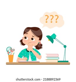 Vector illustration of a cartoon stressed little girl doing hard homework on the desk.	
