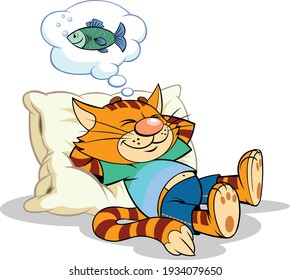 A vector illustration of a cartoon striped red cat having a rest on the pillow and dreaming about the fish.
