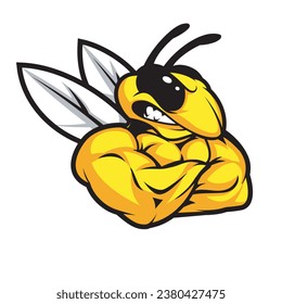 Ilustración vectorial del personaje de la mascota de abejas fuerte de Cartoon