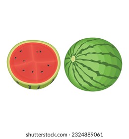 Ilustración vectorial tira de dibujos animados enteros y rebanar la fruta de la sandía. Berry de rayas verdes con pulpa roja y huesos marrones, fruta cortada y picada, mitad y rebanada para el verano fresca con hojas verdes