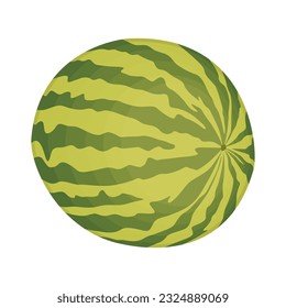 Ilustración vectorial tira de dibujos animados enteros y rebanar la fruta de la sandía. Berry de rayas verdes con pulpa roja y huesos marrones, fruta cortada y picada, mitad y rebanada para el verano fresca con hojas verdes