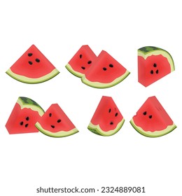 Ilustración vectorial tira de dibujos animados enteros y rebanar la fruta de la sandía. Berry de rayas verdes con pulpa roja y huesos marrones, fruta cortada y picada, mitad y rebanada para el verano fresca con hojas verdes