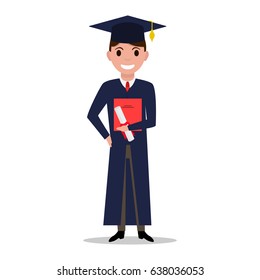 Vector illustration cartoon student boy graduate. Isolated white background. Male character with square academic cap and diploma in hands. Man received a degree, certificate, graduation. Flat style.