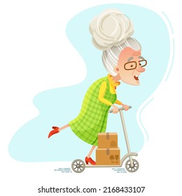 Vector illustration in cartoon style. An active elderly happy woman on a scooter delivers parcels