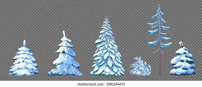 Vector illustration in cartoon style. Ate in the snow on a transparent background. A green fluffy pine isolated on a white background. Winter snow-covered trees. Elements for the Christmas scene.