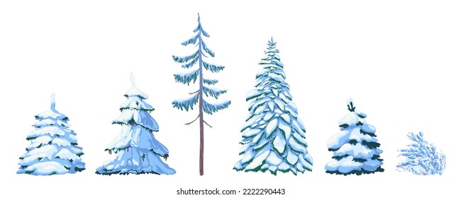 Vector illustration in cartoon style. Ate in the snow on a white background. A green fluffy pine isolated on a white background. Winter snow-covered trees. Elements for the Christmas scene.