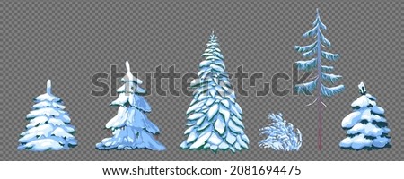 Vector illustration in cartoon style. Ate in the snow on a transparent background. A green fluffy pine isolated on a white background. Winter snow-covered trees. Elements for the Christmas scene.