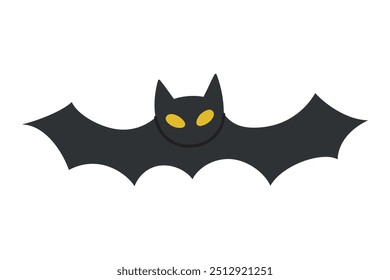 Vektorgrafik einer Fledermaus im Cartoon-Stil mit gelben Augen, Symbol für Halloween-Dekorationen. Die schwarze Fledermaus mit gespreizten Flügeln für gespenstisches, nächtliches Gefühl zum festlichen Halloween-Design