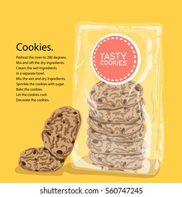 Vector illustration in cartoon style. Bite to cook chocolate chip cookies. Packaged. Scattered crumbs. Using the elements in the design of greeting cards, flyers, design pages and more.