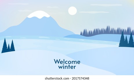 Vector illustration in cartoon style with blue colors. Winter landscape on light background. Snowy weather. Beautiful illustration. Bright sunny day. Sky background. Panoramic view. 