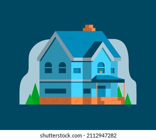 Vector illustration in cartoon style. A blue two-story house with a blue roof and a chimney.