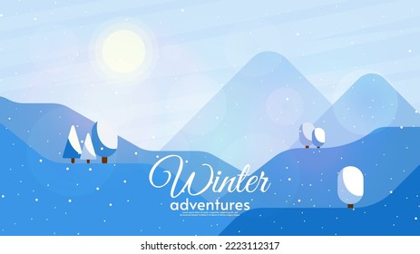 Vector illustration in cartoon style with blue colors. Winter landscape. Snowy weather. Beautiful illustration. Panoramic view. 