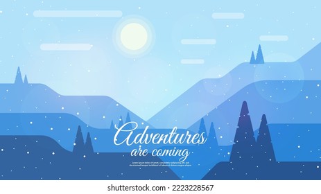 Vector illustration in cartoon style with blue colors. Winter landscape with sun. Snowy weather. Beautiful illustration. Design for touristic or business card.