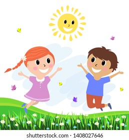 Vector illustration of cartoon style boy and girl running through a blooming meadow. Happy children enjoy the summer