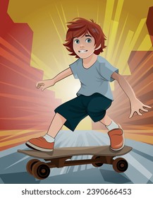 Vector illustration in the cartoon style of a boy on a skateboard. The boy enjoys skateboarding. He has a smile on his face. He skillfully controls the skate.