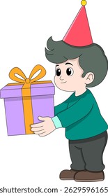 Ilustração vetorial de um menino estilo cartoon segurando um presente de aniversário embrulhado.