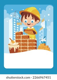 Vector illustration in cartoon style of a builder at a construction site. It can be used as a playing card, educational drawing for kids, learning element.