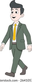 Vector illustration of a cartoon style businessman in a suit and tie walking with a cheerful expression.