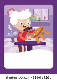 Vector illustration in cartoon style of a carpenter making a chair. It can be used as a playing card, educational drawing for kids, learning element.