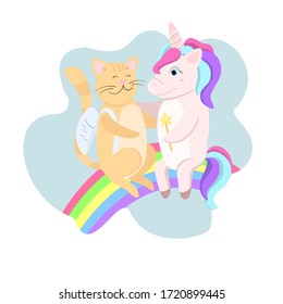 vector illustration in cartoon style cat and unicorn sitting on a rainbow