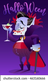 Vector illustration in cartoon style of character for concept Halloween. Cute Dracula drinking blood. Greeting card with vampire.