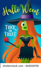 Vector illustration in cartoon style character with a witch on the day of Halloween. Greeting card with girl.