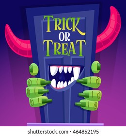 Vector illustration in cartoon style character with the monster on the day of Halloween. Behemoth climbs out of the door, greeting card.