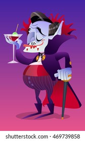 Vector illustration in cartoon style of character for concept Halloween. Cute Dracula drinking blood. Greeting card with vampire.